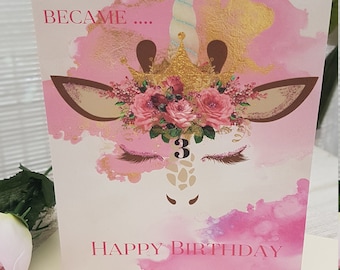 Personalised Giraffe Birthday Card for Kids, Fairytale Pretty Handmade Greeting Card for Girls or Boys any age, Animal Birthday Card,