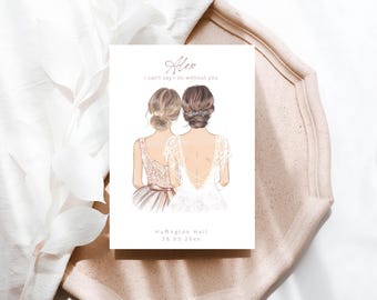 Puede incluir: Ilustración de boda personalizada con dos figuras en vestidos de novia, vistas desde atrás. La tarjeta incluye el nombre "Alex" y la frase "I can't say I do without you." La fecha y el lugar también están impresos.