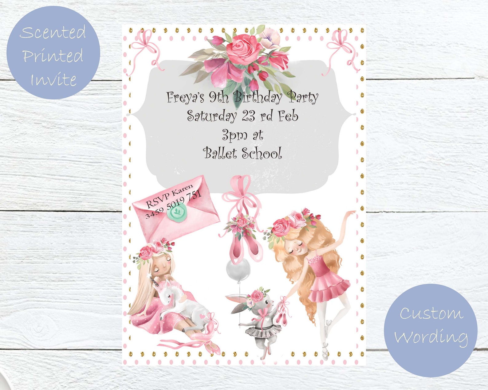 ballet party invitations with perfume, delicate floral scented ballerina birthday invitations, personalized printed kids party i