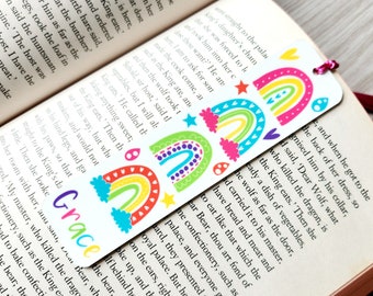 Rainbow bookmark Personalised Rainbow gift Name gift metal bookmark party favours Kids Rainbow Party Rainbow reading gift Whimsical rainbows