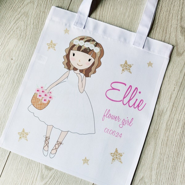 Flower girl Childs Polyester tote bag wedding favour gift bag personalised gift wedding gift page boy options Bridesmaid Ring bearer Bride