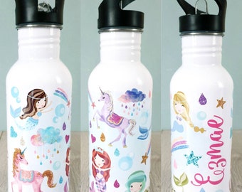 Unicorn Water Bottle Clear Girls Kids Personalized School Gift Party