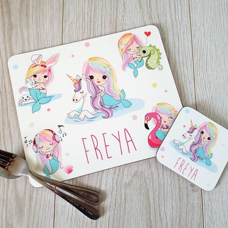 Personalised Little Mermaid Girls Kids Children/'s Table Placemat /& Coaster