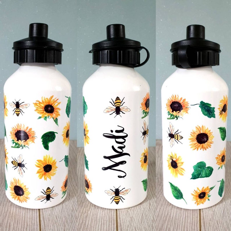 Sunflower water bottle personalised water bottle sunflower gift floral water bottle gift for her flowers bee gift sunflowers bees bee bottle image 9