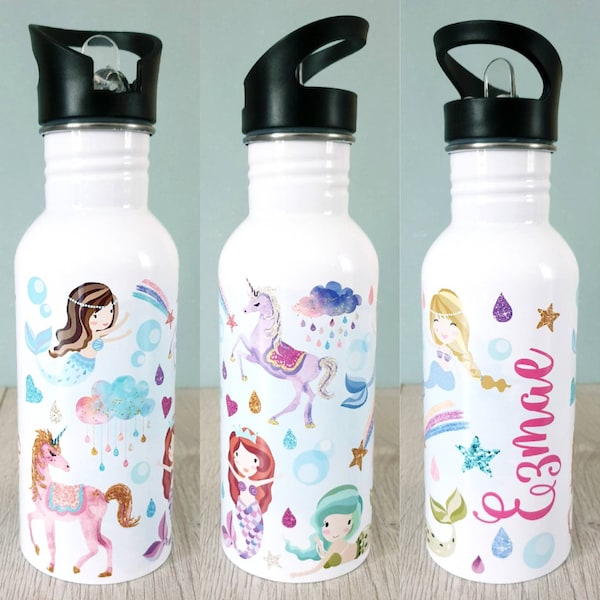 Glitter Unicorn Mermaid personalised water bottle metal bottle girls water bottle mermaid party bottle mermaid gift unicorn gift kids water