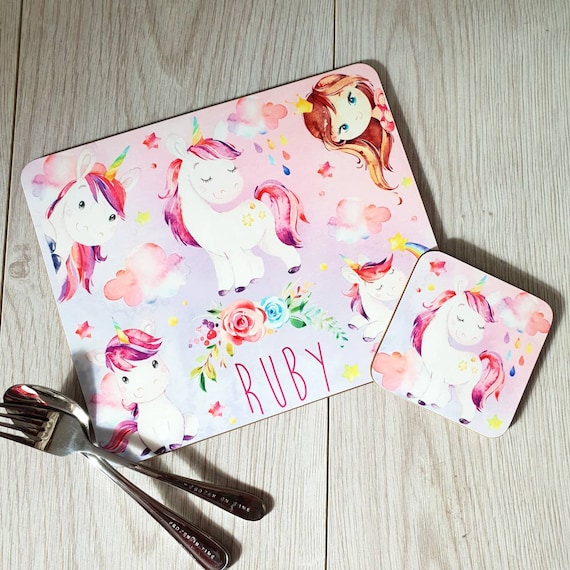 Personalised Pink Unicorn Stars Rainbow Kids Children/'s Table Placemat /& Coaster
