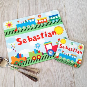 Train placemat set personalised trains gift Custom placemat Name placemat Boys placemat steam train Party transport coaster railway track