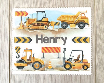 Digger lens cloth Personalised Name gift Kids gift cloth glasses wipe cloth construction building builder workman labour transport worksite