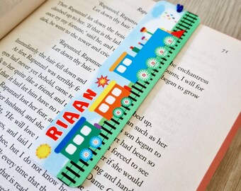 Bright train bookmark Personalised steam train gift Name gift metal bookmark party favors Kids trains Party railway reading gift