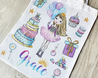 Birthday Girl Princess tote bag Personalised gift thank you gift tote bag gift reusable shopping bag Party Bag Party Favour cake present