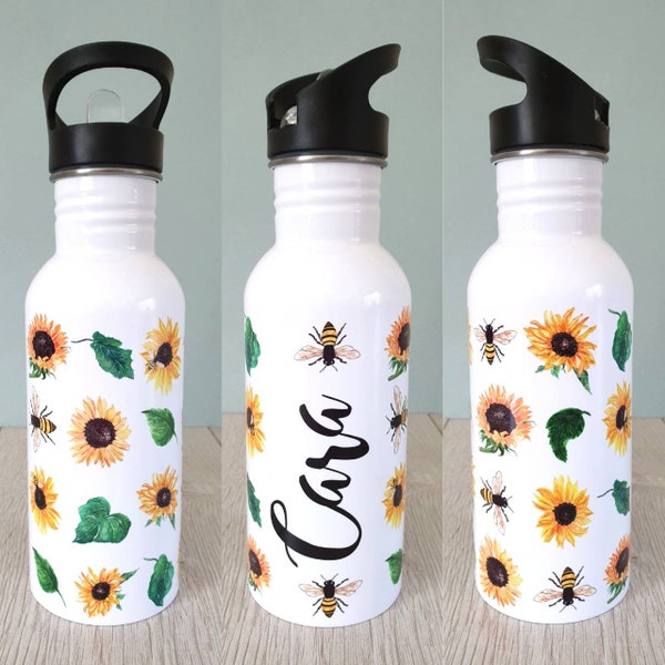 Botella de agua de girasol personalizada metal reutilizable girasol botella de agua floral regalo para sus flores regalo de abejas girasoles abejas botella de abejas
