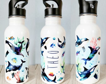 Orca water bottle killer whale personalised bottle  orcas water bottle dolphin metal bottle kids water back to school gift sea creatures