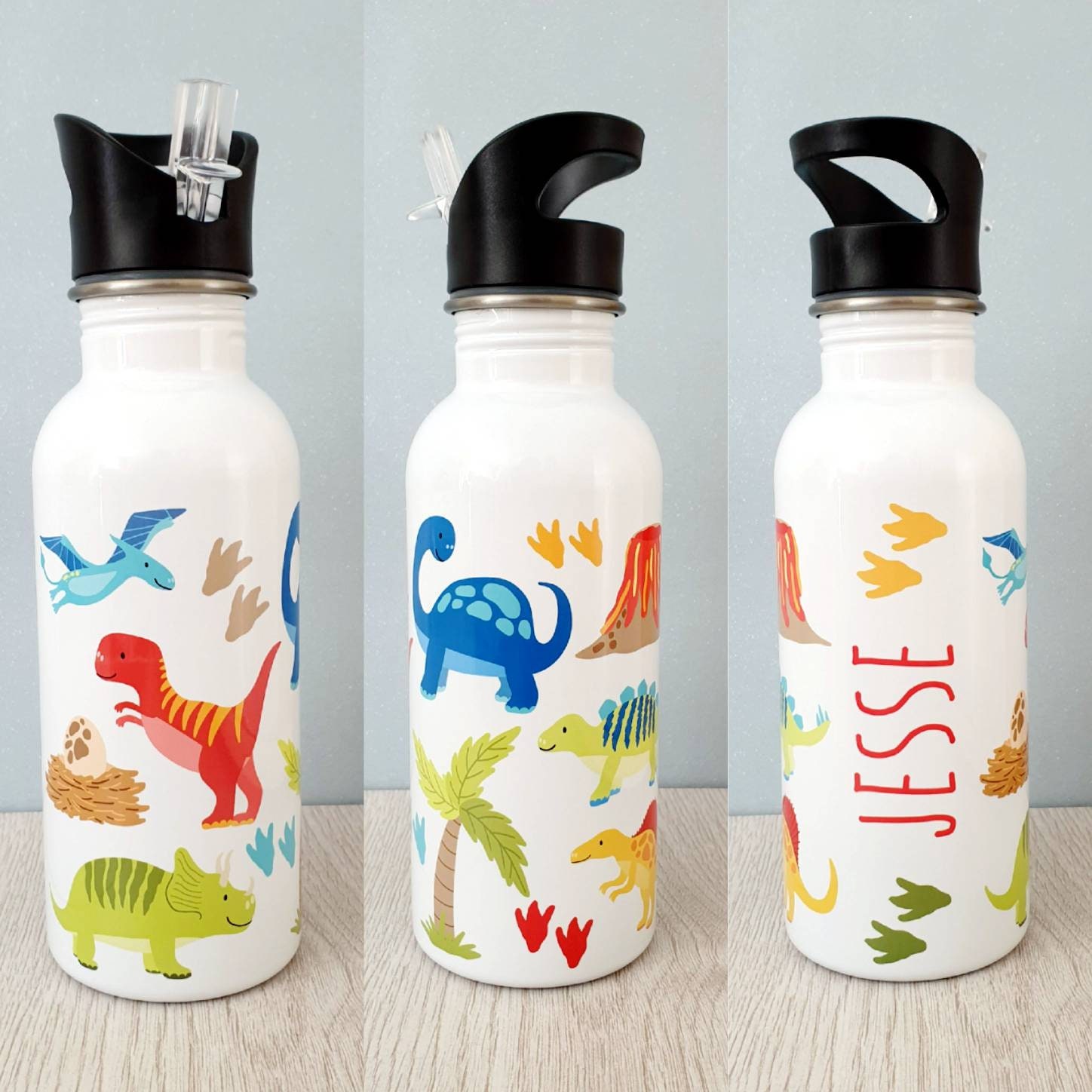 Roaring Into School - Personalized Kids Water Bottle With Straw Lid