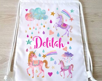 Glitter unicorn bag drawstring backpack drawstring bag PE bag drawstring gym bag girls sports bag personalised bag school bag swim bag