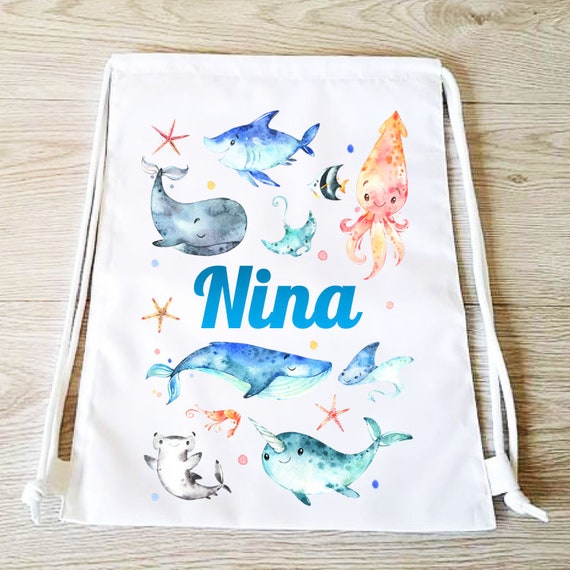 Sea creatures drawstring backpack sharks whales fish bag PE bag drawstring  gym bag sports bag personalised bag under the sea