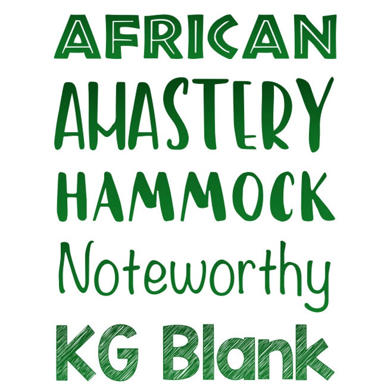 Peut inclure: Texte vert sur fond blanc. Le texte se lit comme suit : "AFRICAN AMASTERY HAMMOCK Noteworthy KG Blank". Les mots sont &eacute;crits dans diff&eacute;rentes polices et styles, avec "AFRICAN" et "KG Blank" en texture.
