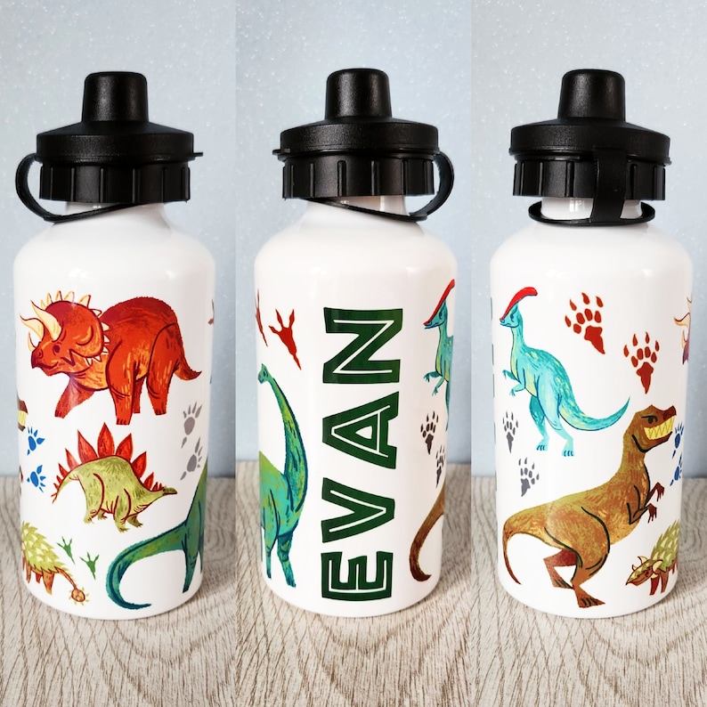 Peut inclure: Gourde blanche avec un bouchon noir, orn&eacute;e d'illustrations color&eacute;es de dinosaures et du nom "EVAN" en vert. Les dinosaures incluent un Tric&eacute;ratops, un St&eacute;gosaure et un T-Rex, avec des empreintes de pas de dinosaures.