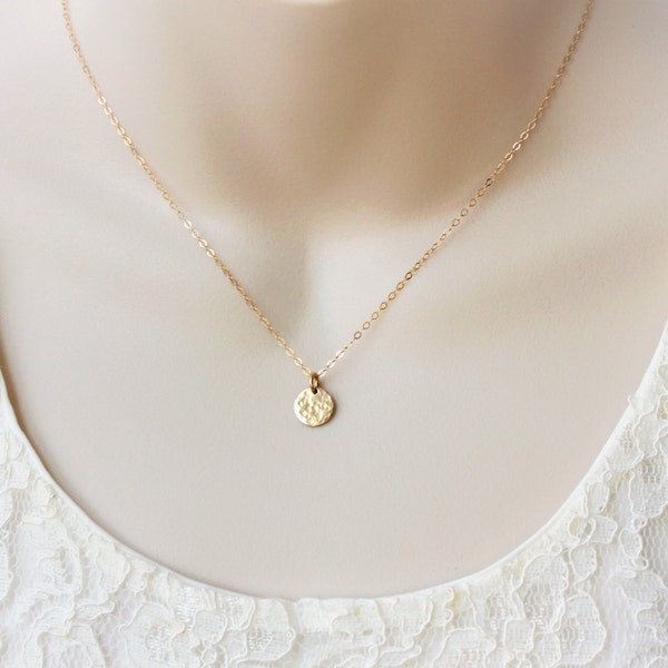 Tiny gold hammered disk on a chain all 14/20 Gold Filled 1/3 inch small yellow gold dot disk layering necklace, hammered coin charm