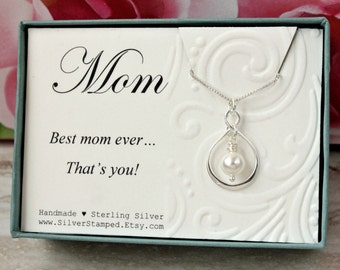 Gift for Mom Sterling silver infinity necklace with  pearl, mom's birthday gift from daughter, from son, from kids, Christmas gift