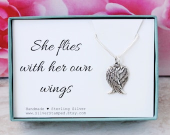 Wing necklace, sterling silver necklace, She flies with her own wings, Guardian angel, inspirational gift for her, gift for friend, sister