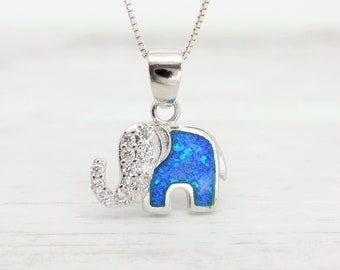Elephant necklace good luck gift, blue opal 925 Sterling Silver elephant, Strength necklace, October birthday gift