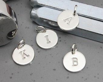 Small silver initial charm, 1/3" stamped letter charm for personalized necklace, bracelet, 925 sterling silver 9mm charm, Letter A B C D E M