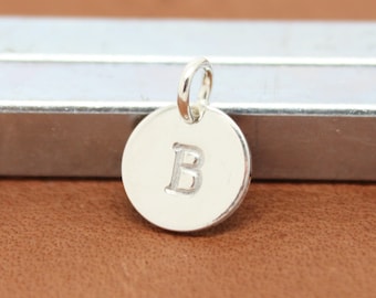Silver initial charm for personalized bracelet or necklace, 925 sterling silver 9mm charm, Select a Letter hand stamped charm 1/3" pendant