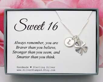 Sweet 16 Gift for Girl necklace 925 sterling silver initial clover charm, personalized sixteenth birthday gift for daughter, granddaughter