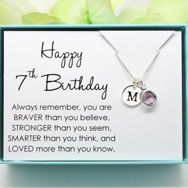 7th Birthday gift for 7 year old girl birthstone necklace, 925 Sterling silver, personalized seventh birthday gift for niece, daughter