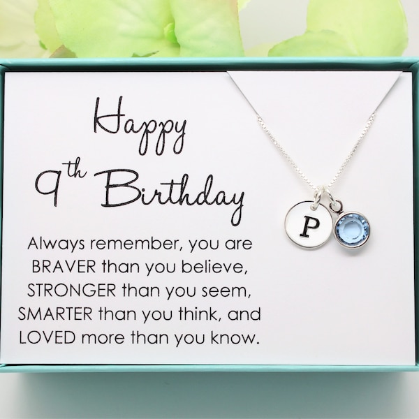 9th Birthday gift for girl birthstone necklace, 925 Sterling silver Initial,  crystals, personalized ninth birthday gift