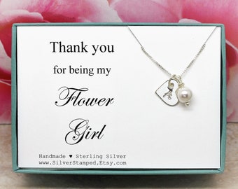 Thank you gift for Flower Girl thank you personalized necklace gift, Sterling Silver Swarovski pearl bridal wedding party bridesmaids gifts