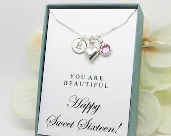 Sweet Sixteen gift for girl Sterling silver Letter Initial  Birthstone necklace, personalized Sweet 16 birthday gift