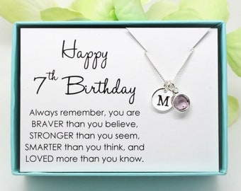 7th Birthday gift for 7 year old girl birthstone necklace, 925 Sterling silver, personalized seventh birthday gift for niece, daughter