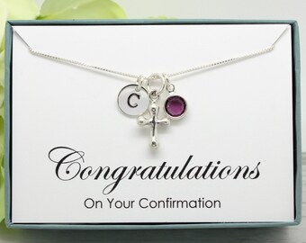 Confirmation gift for girl, personalized 925 Sterling Silver necklace with cross, initial and  birthstone in a box