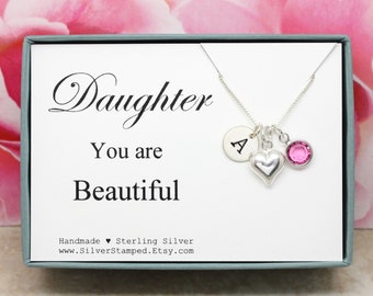 Gift for daughter gift sterling silver birthstone necklace you are beautiful birthday gift from mom dad personalized initial necklace