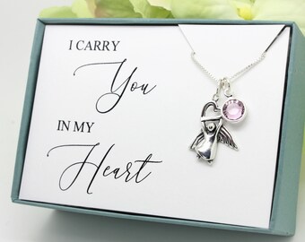 I carry you in my heart necklace, sterling silver angel and Swarovski birthstone memorial necklace