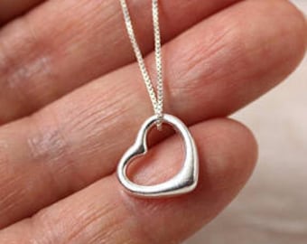 Open heart necklace, sterling silver, heart charm on a chain, love necklace, silver necklace, silver heart pendant, gift for her