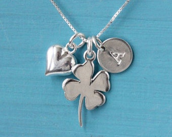 Clover Heart and Initial necklace, 925 Sterling Silver, Four Leaf clover Good luck gift, Graduation gift for girl, new job, new beginnings