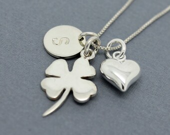 Four leaf clover necklace Sterling Silver initial charm, good luck gift, personalized Birthday gift for her