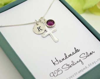 Confirmation gift for girl Sterling Silver Initial birthstone cross necklace, religious jewelry, first communion necklace