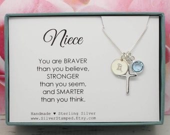Gift for Niece Necklace, Sterling Silver Initial birthstone necklace, Niece's birthday graduation baptism communion confirmation