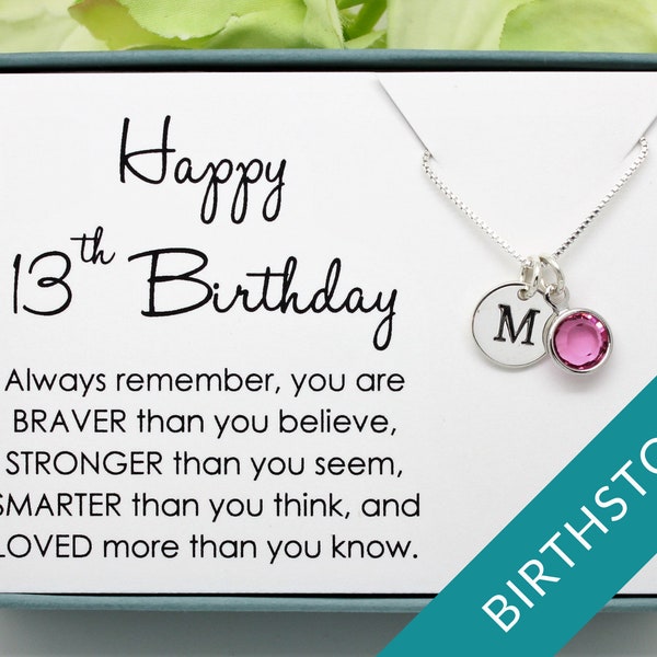 13th Birthday gift for 13 year old girl birthstone necklace, 925 Sterling silver Initial, personalized thirteenth birthday gift for teenager