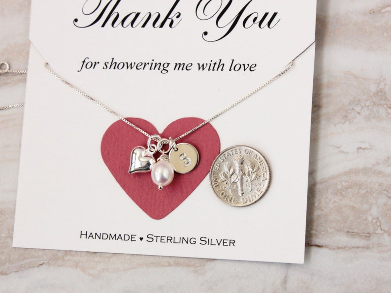 Bridal shower hostess gift for baby shower hostess Thank you gift for friend Sterling Silver inital heart necklace freshwater pearl gift box image 3