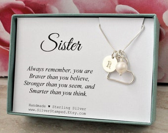 Gift for Sister necklace sterling silver initial heart freshwater pearl necklace unique personalized sister's birthday gift sisters jewelry