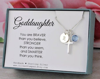 Gift for Goddaughter Necklace, Sterling Silver Initial birthstone cross necklace, God daughter birthday graduation baptism Easter gift