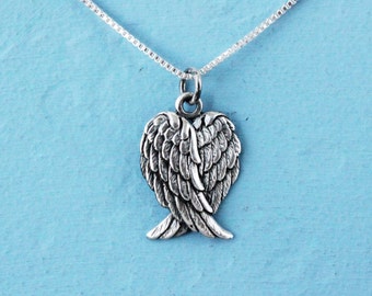 Guardian angel necklace, sterling silver angel wing charm on a chain, silver necklace, gift for her