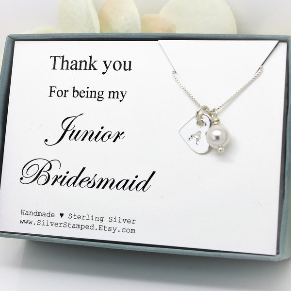 Gift for Junior Bridesmaid personalized necklace gift, Jr Bridesmaid thank you, Sterling Silver  pearl bridal wedding party gifts