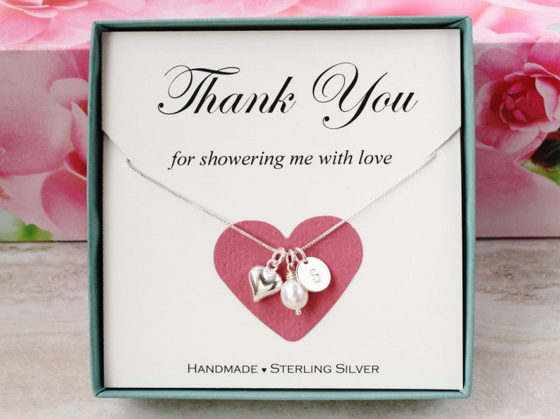 Bridal shower hostess gift for baby shower hostess Thank you gift for friend Sterling Silver inital heart necklace freshwater pearl gift box image 1