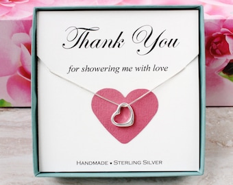 Bridal shower hostess gift for baby shower hostess Thank you gift for friend Sterling Silver Open Heart necklace gift box
