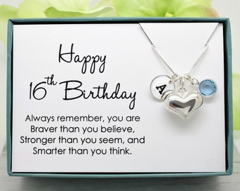 16th Birthday gift for her, Sterling personalized initial, heart and birthstone necklace, Sweet 16 sixteenth birthday gift for teenage girl